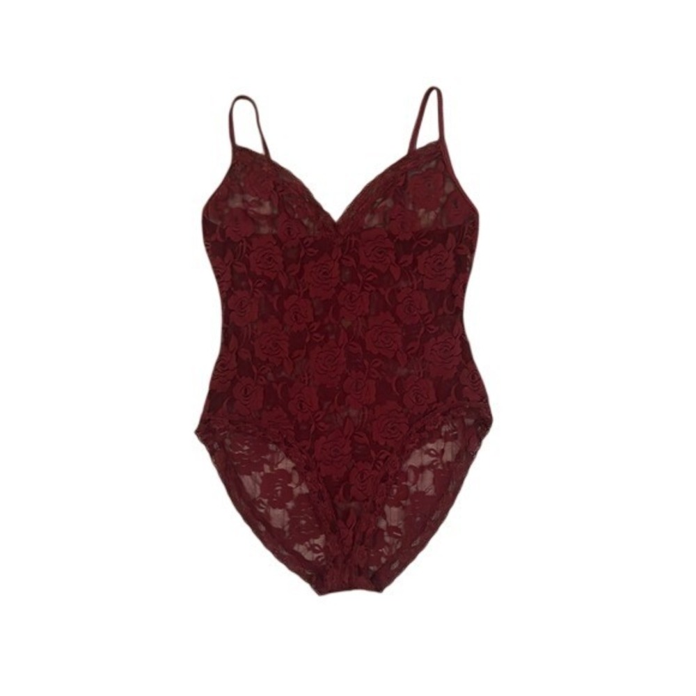 Forever 21 Burgundy Floral Lace Bodysuit Sheer Rose‎ Red Lingerie
